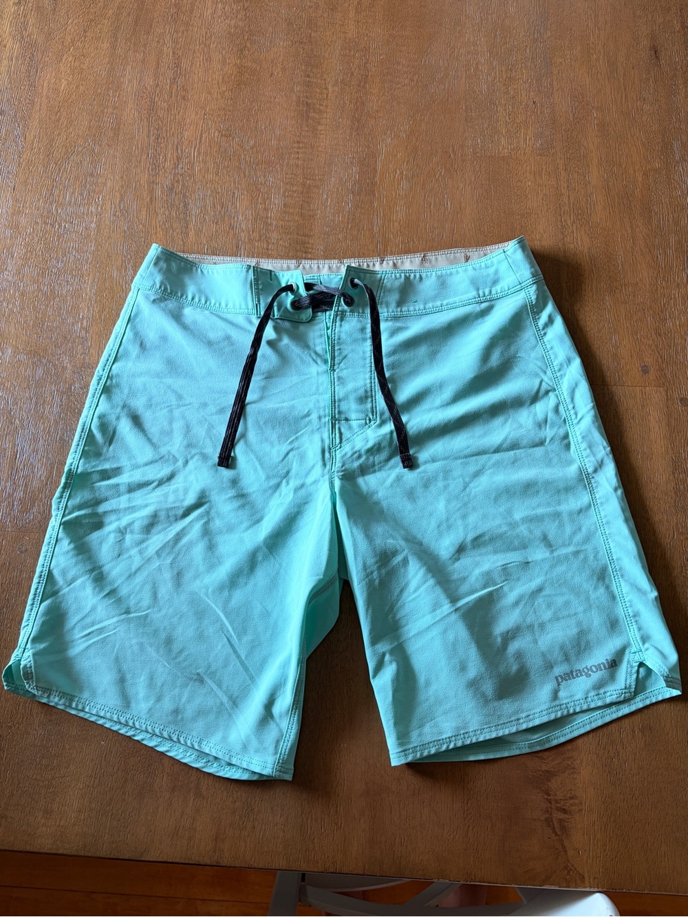 Patagonia Men’s Aqua Mint Board Shorts with Black Drawstring
